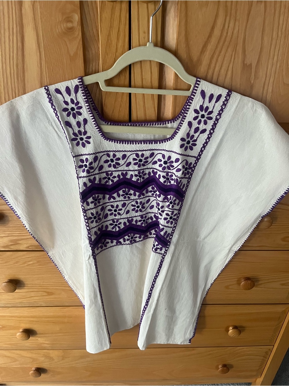 Mexican hand embroidered muslin blouse purple stitching. New